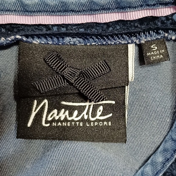 Nanette Lepore Size S Chambray Shift Dress Blue Embroidered Crochet Trim - Picture 7 of 10